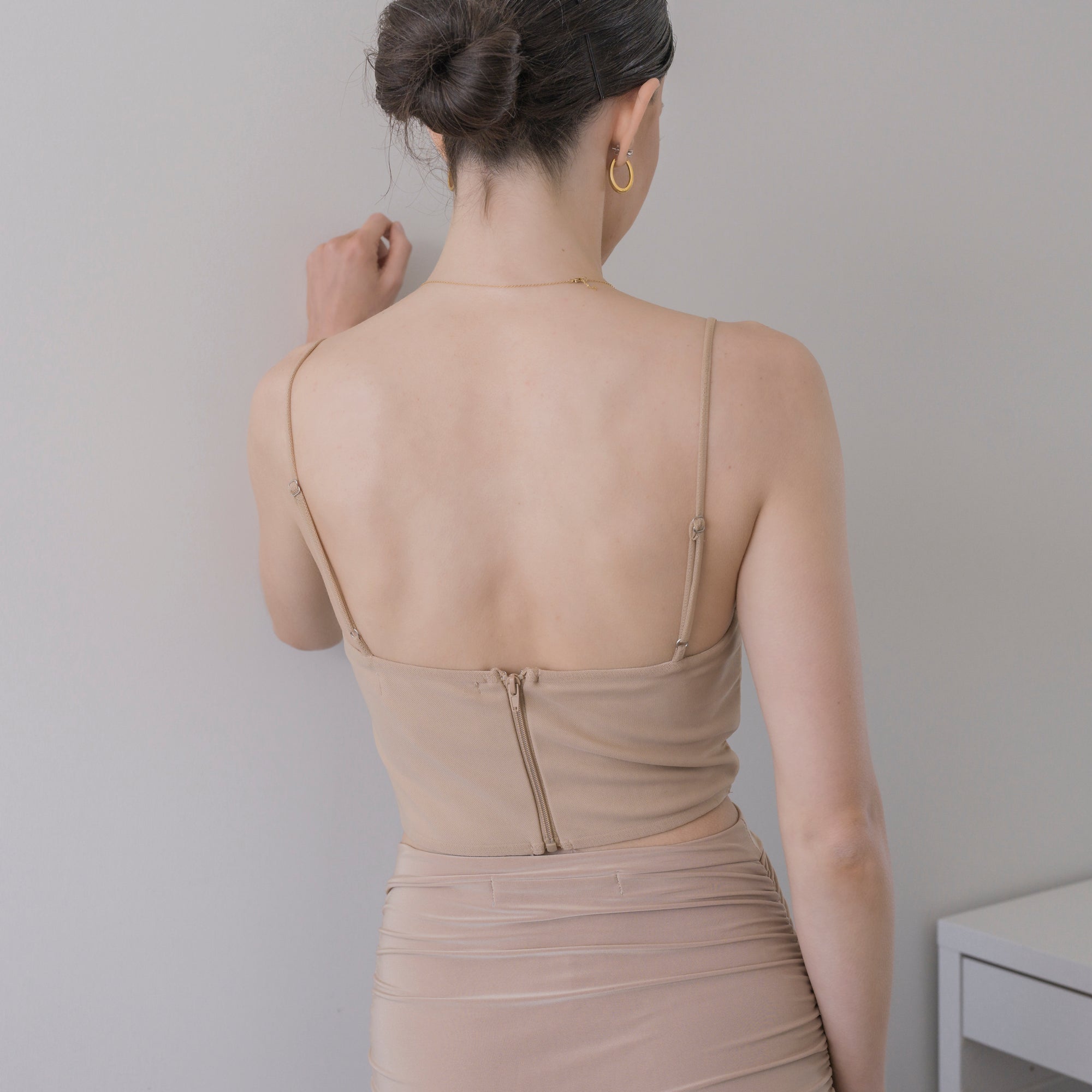 Cowl draped corset in nylon mesh